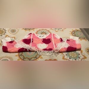 House of Harlow 1960 Cropped Crochet Shrug With Fringe and Vibrant Hearts OS